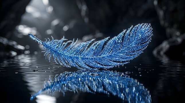 Frozen blue feather with water droplets on surface