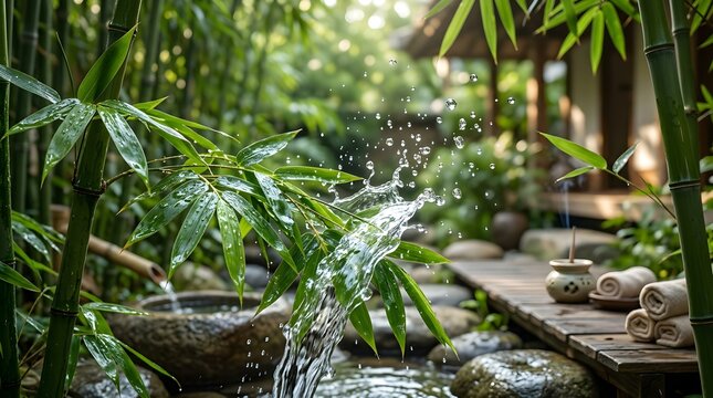 Serene spa garden with bamboo plants and a small water feature surrounded by rolled towels and a wooden walkway in a peaceful outdoor setting with natural lighting.