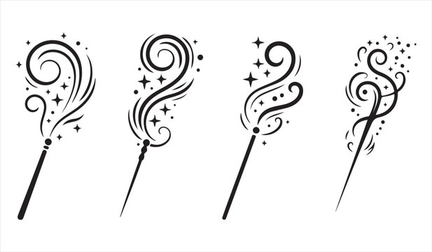 Magic wand silhouette collection with sparkling fairy and wizard icons