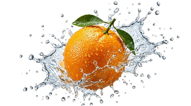 Fresh orange with green leaves splashed with clear water droplets on a white background symbolizing freshness and vitality in a vibrant and dynamic scene.