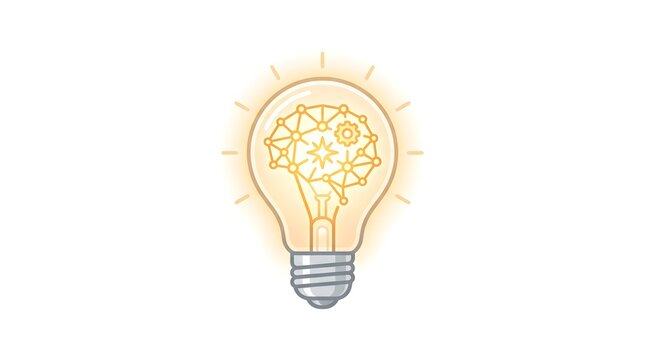 Glowing light bulb with orange circuit network and gear inside symbolizing innovative ideas and creativity