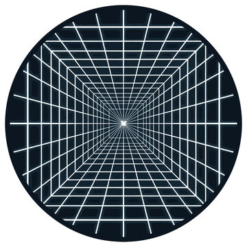 A futuristic grid pattern radiates from a glowing center in a circular tunnel