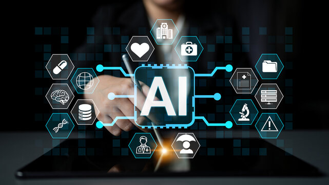 Person using digital tablet with futuristic AI interface showcasing health technology, data analysis, and modern medical applications in a professional setting. Sentient.