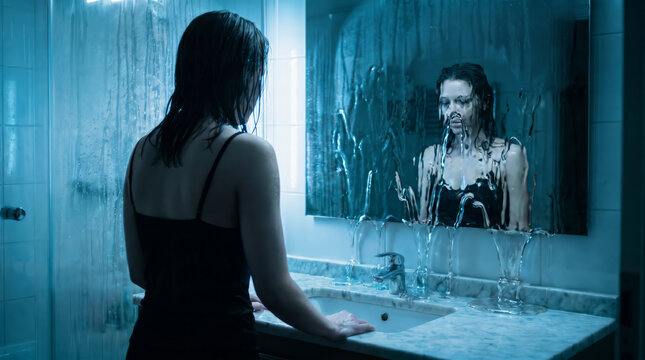 Woman watching her reflection dissolve into liquid glass in a bathroom mirror