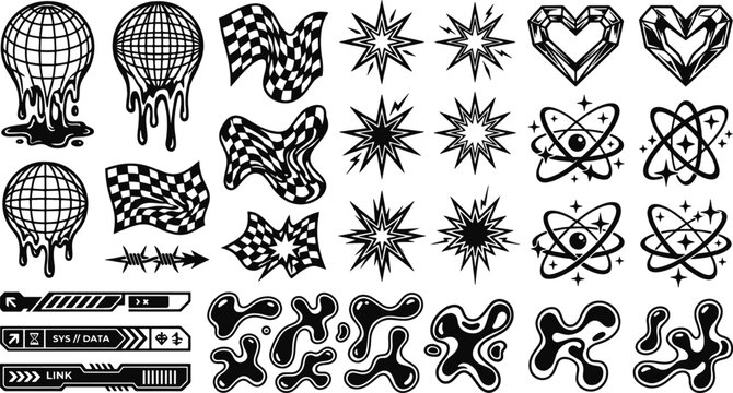 Set of y2k aesthetic graphic elements including melting globes checkered patterns star bursts heart shapes atomic structures retro digital interface icons in black and white with aesthetic
