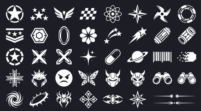Comprehensive set of y2k aesthetic graphic icons including stars planets checkered flags atomic symbols warrior helmets abstract shapes on a dark background with aesthetic, checkerboard