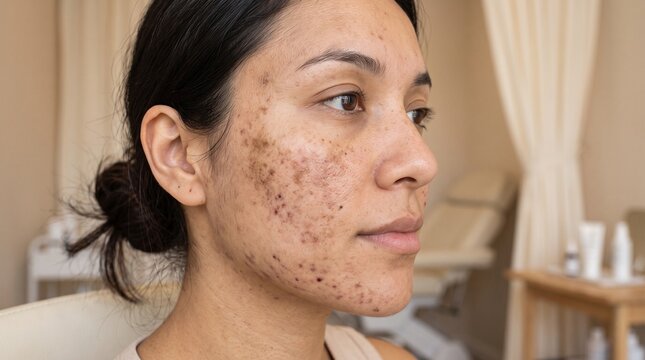Woman with acne skin condition closeup.