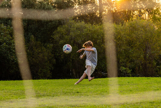 portrait of pre teen boy holding soccer ball on green lawn with net in background