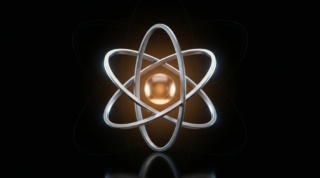 Atomic structure icon with orbiting electrons around nucleus on black background.