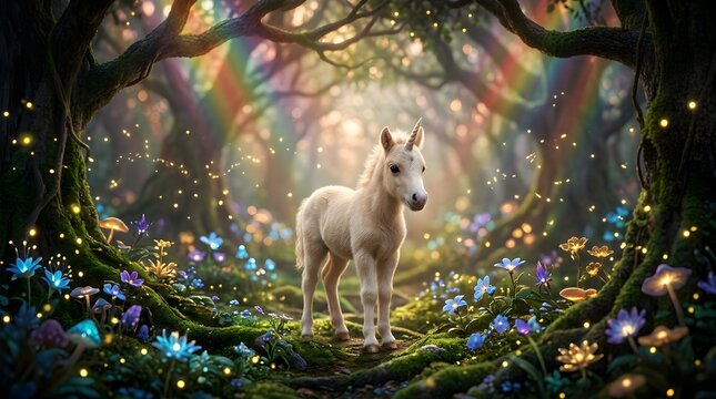A small white unicorn stands in a forest surrounded by colorful flowers and glowing lights with a rainbow background.