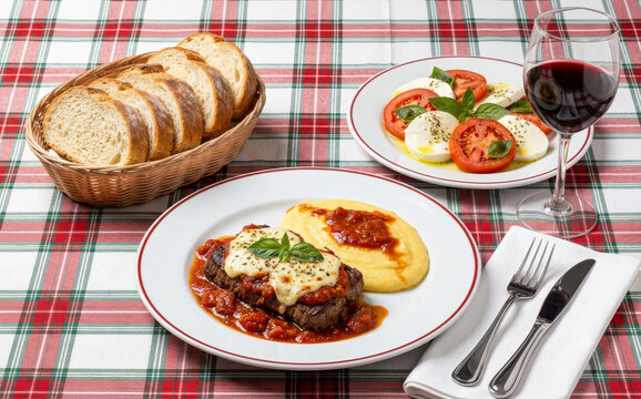 Traditional Italian lunch featuring steak *alla pizzaiola* with creamy polenta, Caprese salad, and red wine.