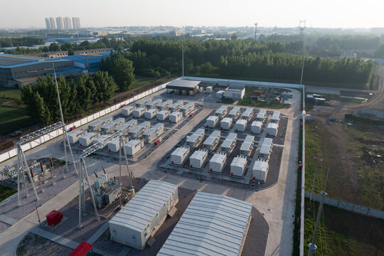 Aerial view of large-scale energy storage power station with neatly arranged equipment modules