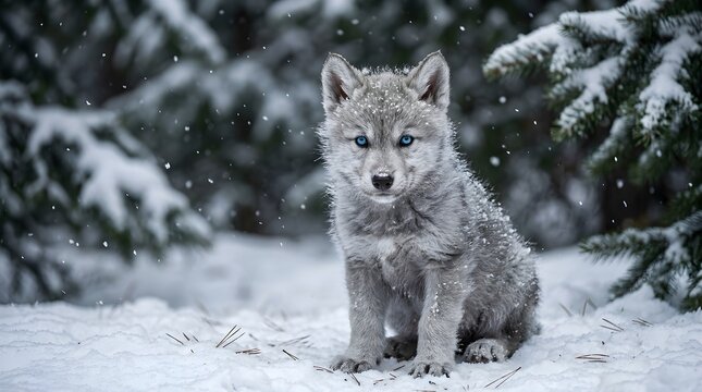 Gray wolf puppy with blue eyes sitting in snowy forest with snowflakes falling around it and pine trees in background