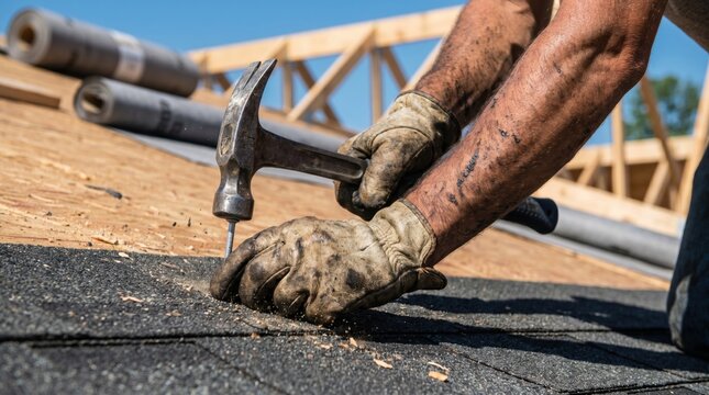 Roofer with dirty gloves hammering nails into asphalt shingles on a roof deck
