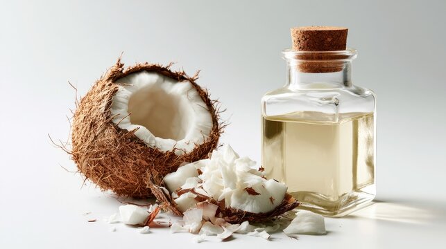 Shattered coconut and glass bottle of coconut oil sit on white. Idea: beauty and health.