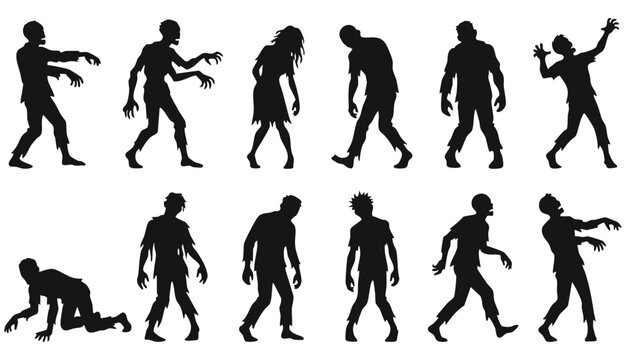 Twelve Black Zombie Silhouettes Vector Image