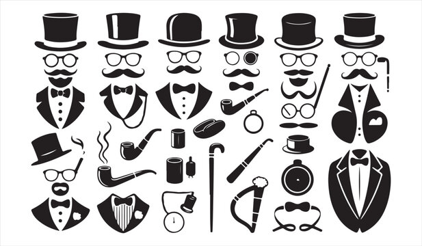 Elegant disguise icon bundle with hats beards monocles and pipes