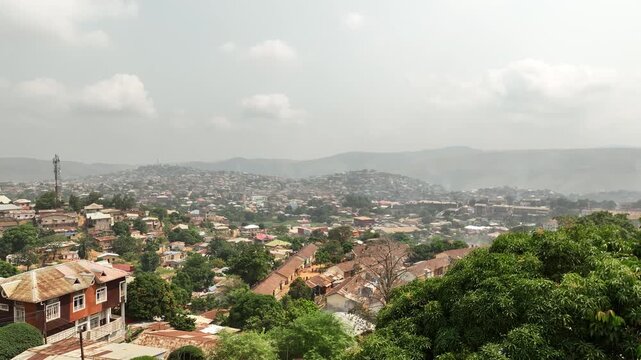Matadi, DR Congo - panorama of the hillside city, aerial drone view