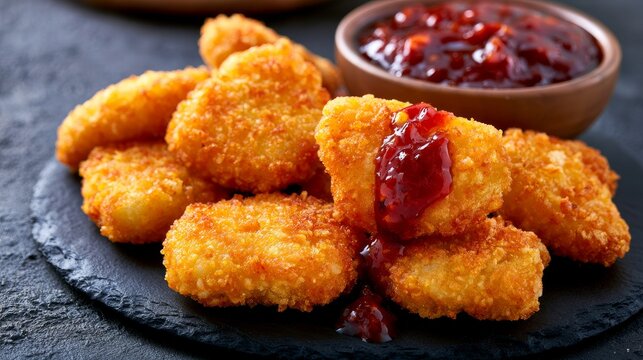 Crispy chicken nuggets with chili sauce sit on a black surface. This image suggests quick, enjoyable meals.