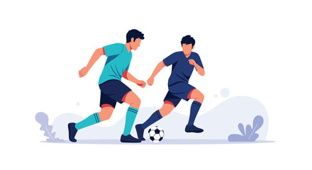 Fototapeta premium Two young athletes playing a competitive soccer match on a field showcasing teamwork and physical fitness during a sport event.