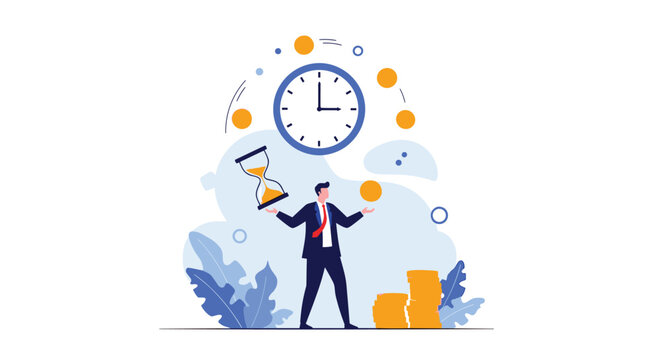 Business man juggling golden coins under a clock and hourglass to represent the challenges of time management and financial planning.