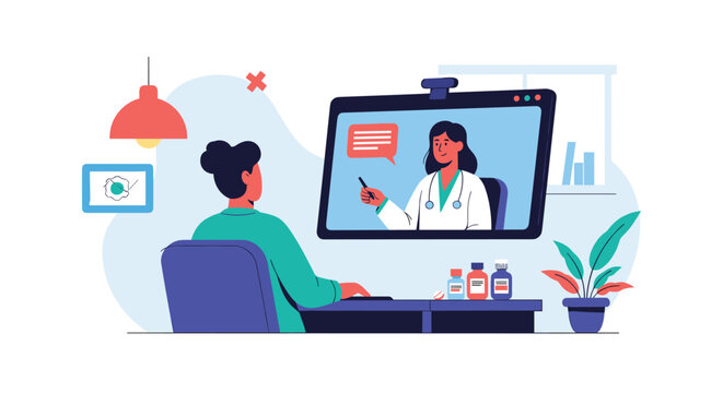 Woman sitting at her desk having a virtual medical consultation with a professional doctor on a large computer monitor.