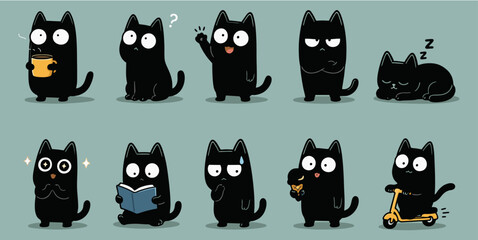 Cute Black Cat Emotion Characters Collection Cartoon Vector Set © metakritik