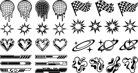Futuristic y2k style graphic elements with dripping globes and symbols aesthetic elements dripping checkered nineties nostalgia creative collection illustration ornament abstract © creative zone