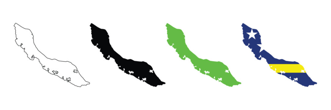 Set of maps of Curacao. Flag on the map. Curacao geographical borders isolated on white background. 