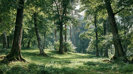 Fototapeta premium Trees in a green wood, seen from afar. Sunlight shines in a warm season. This shows the natural world.