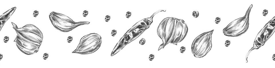Horizontal seamless border featuring garlic bulbs, cloves, chili peppers, and peppercorns. Ideal for hot sauce packaging, spicy seasoning labels, and bold culinary web borders. © Margarita