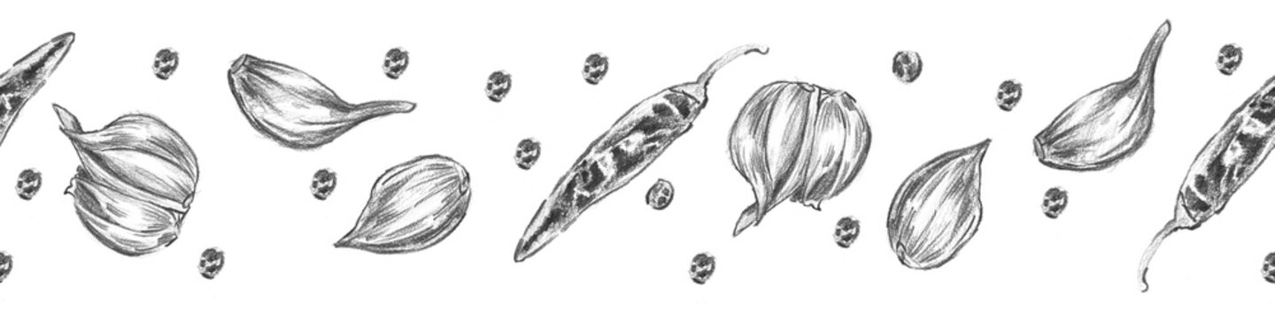 Horizontal seamless border featuring garlic bulbs, cloves, chili peppers, and peppercorns. Ideal for hot sauce packaging, spicy seasoning labels, and bold culinary web borders.