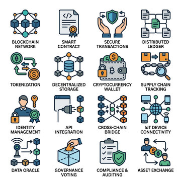 Decentralized business and blockchain ecosystem icons.