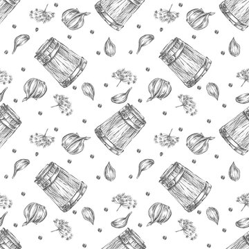 Seamless repeating pattern with oak barrel, dill, garlic, and peppercorns. Great for rustic wrapping paper, spice packaging, and kitchen wallpaper.