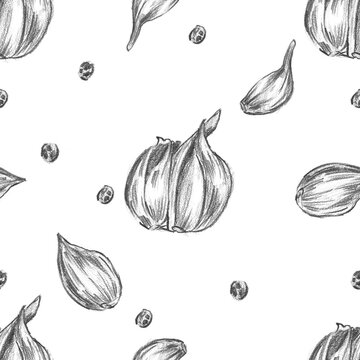 Seamless pattern with garlic bulbs, cloves, and peppercorns. Ideal for bold kitchen wallpaper, fresh ingredient textile art, and rustic food packaging.