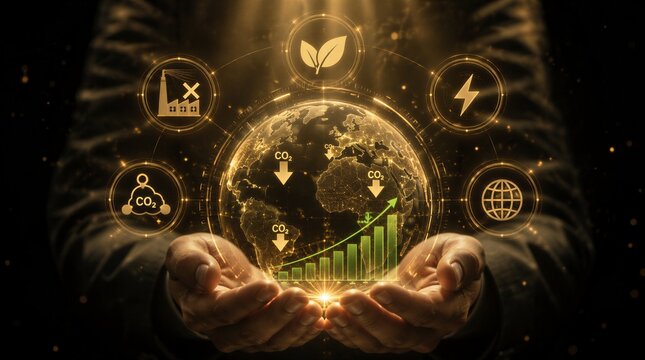 Hands Holding Earth Globe CO2 Reduction Green Growth Chart ESG