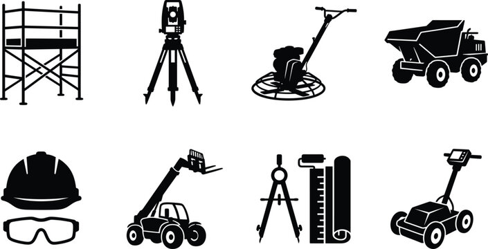 Construction Equipment and Surveying Tools Silhouette Icon Set for Engineering and Building Projects