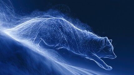 Naklejka premium An arctic fox pounces on prey with a dramatic dive into a snowbank, leaving trails of white dust under a dark sky.