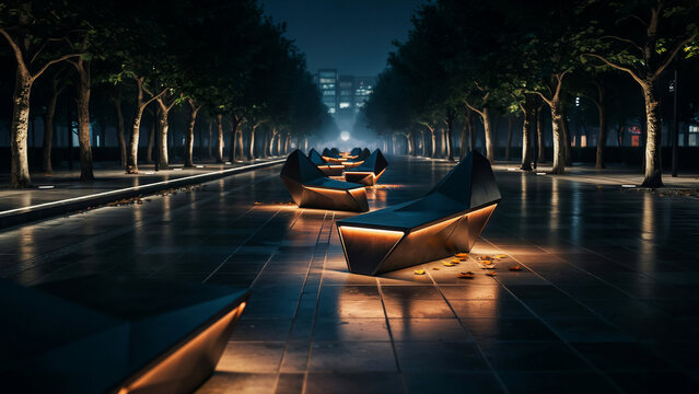 Illuminated benches in city park at nighttime