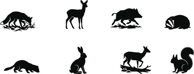 Obraz premium Woodland Wildlife Animal Silhouette Collection Featuring Fox Deer Wild Boar Rabbit Badger and Squirrel Vector Set