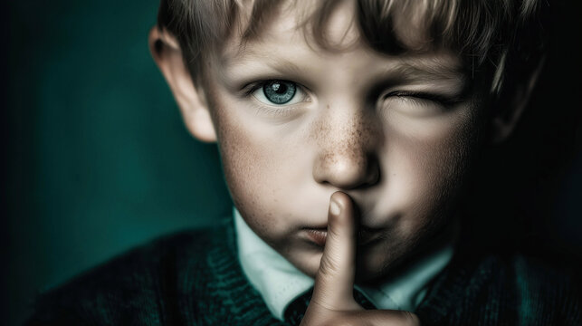 Shushing boy portrait with finger on lips in dramatic low key lighting.

