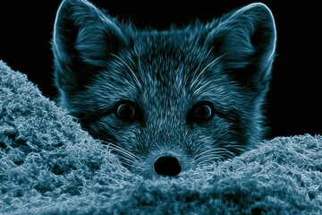 Obraz premium An arctic fox shows just its eyes and ears while peeking over a snowy ridge in a dark winter setting with a neon glow