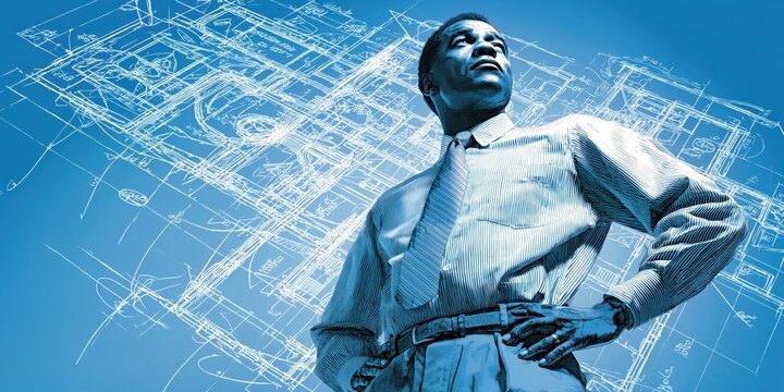 Professional man standing confidently beneath a glowing technical blueprint.

