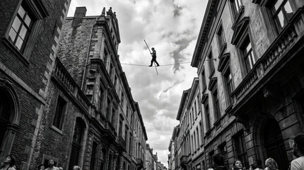 Obraz premium A person balances on a tightrope high above a street filled with people
