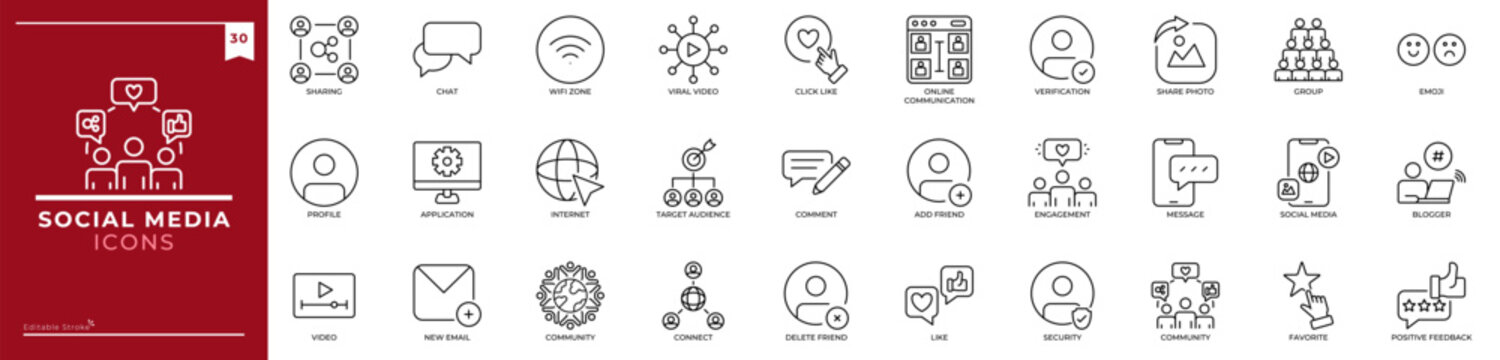 Social Media, Outline icons collection. Simple vector illustration. business, community, friends, marketing, network, share, social and more