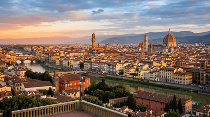 Obraz premium Sunset casts a warm glow over Florence as the Arno River reflects the colors