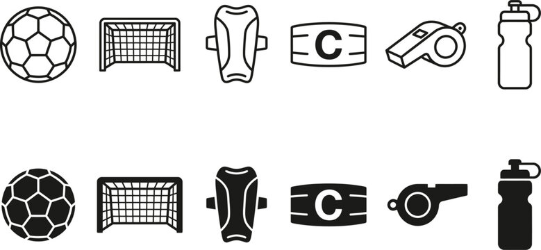 Soccer football icons set with goal net, ball, shin guard
