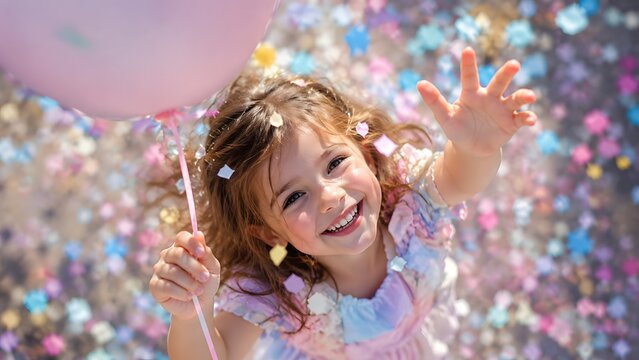 Smiling child girl holding pink balloon during celebration with confetti. Happy kid celebrating birthday party in summer. Joyful childhood moment, festive concept for greeting card.