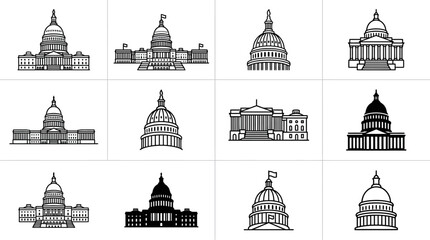 Fototapeta premium A collection of various government building icons in a simple black and white line art style
