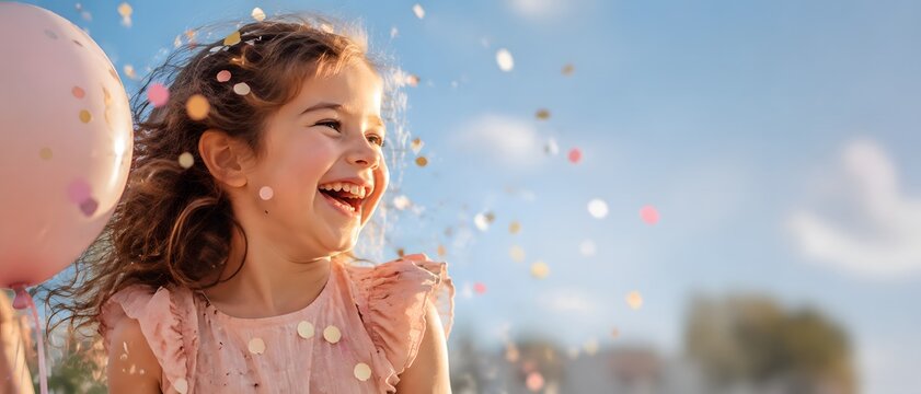 Happy child girl laughing with balloon and falling confetti outdoors. Joyful kid celebrating special occasion or birthday party. Cheerful childhood moment, fun mood and festive lifestyle.